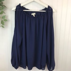 Faith and Joy Peasant Top Size L, Navy Blue Chiffon, Long Sleeves, Cold Shoulder